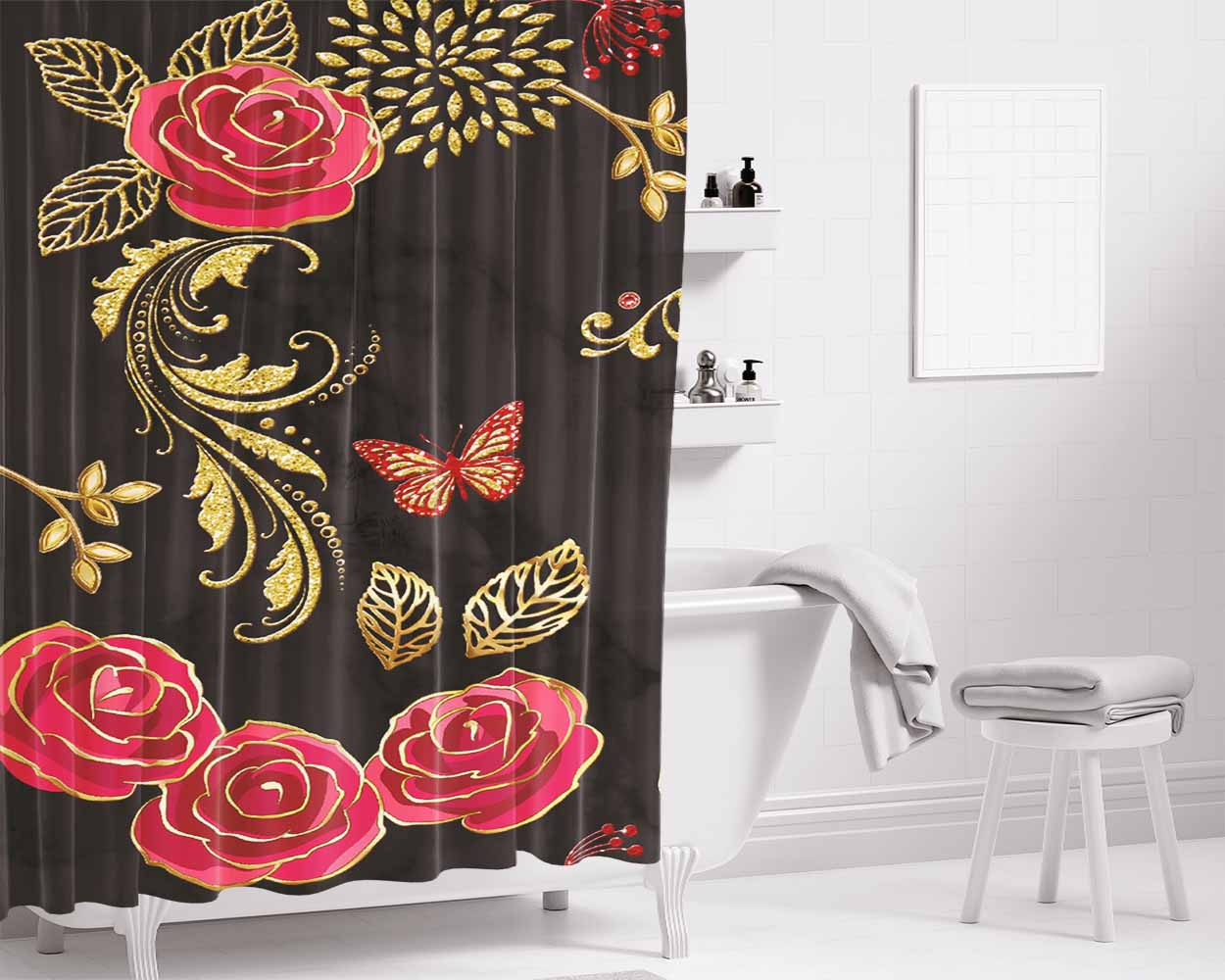 Butterfly Charly Marble Bathroom Shower Curtain Fabric Waterproof | 66 X 72 Inch