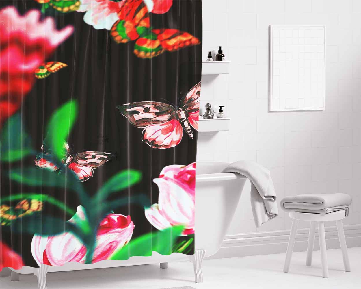 Butterfly Flower Bathroom Shower Curtain Fabric Waterproof | 66 X 72 Inch