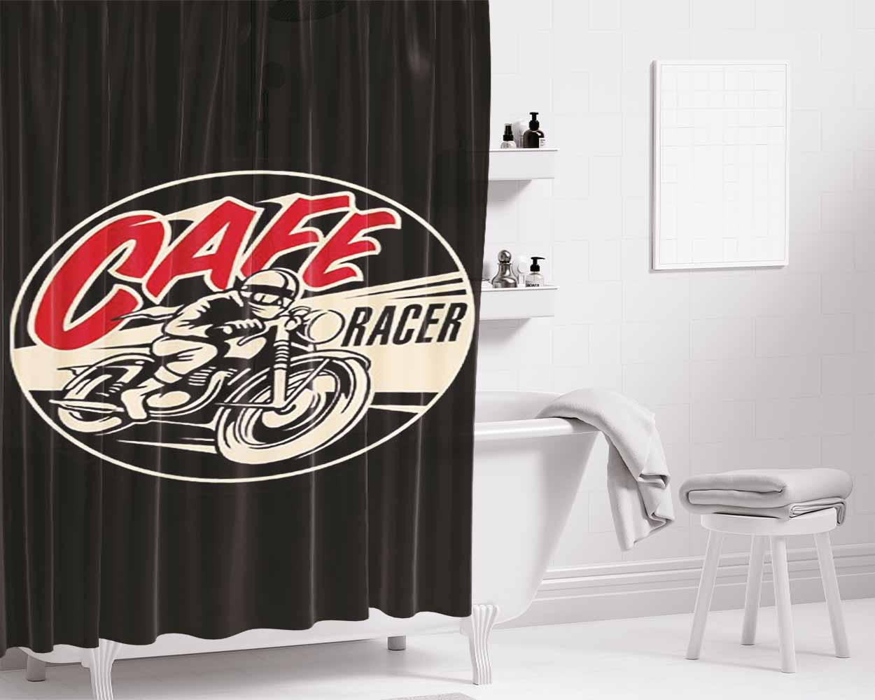 Cafe Race Black Bathroom Shower Curtain Fabric Waterproof | 66 X 72 Inch