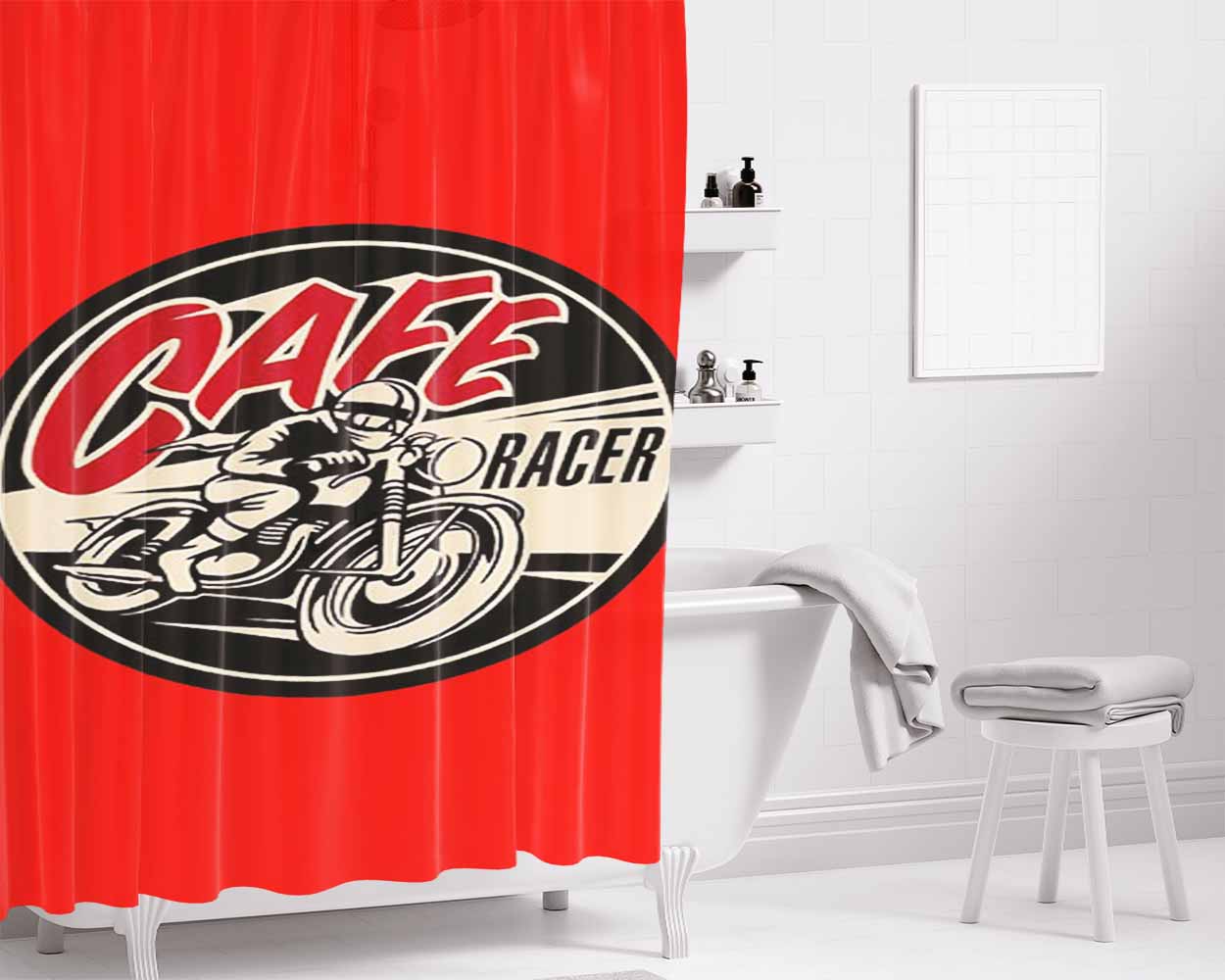 Cafe Race Red Bathroom Shower Curtain Fabric Waterproof | 66 X 72 Inch
