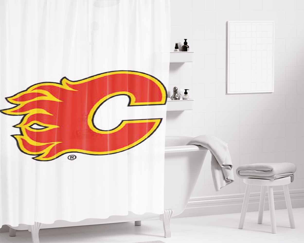 Calgary Flames Logo Bathroom Shower Curtain Fabric Waterproof | 66 X 72 Inch