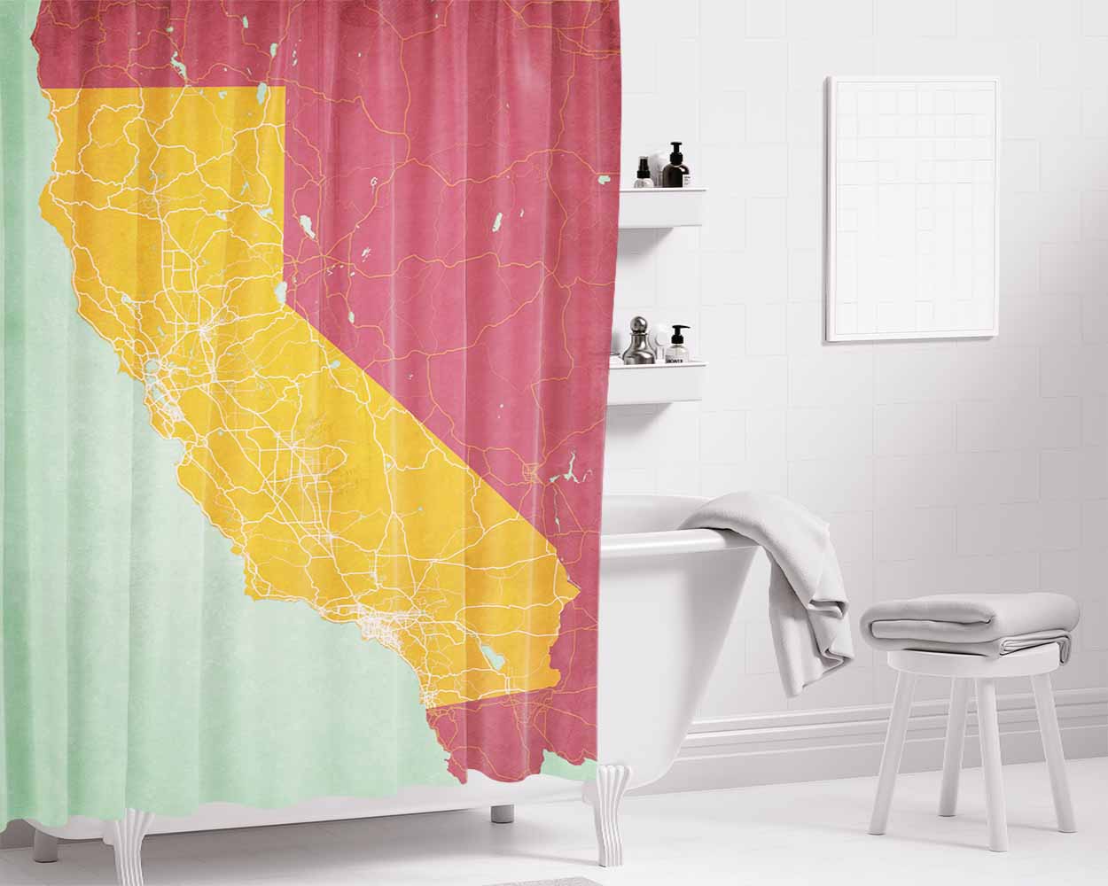 California Map Art Print Bathroom Shower Curtain Fabric Waterproof | 66 X 72 Inch