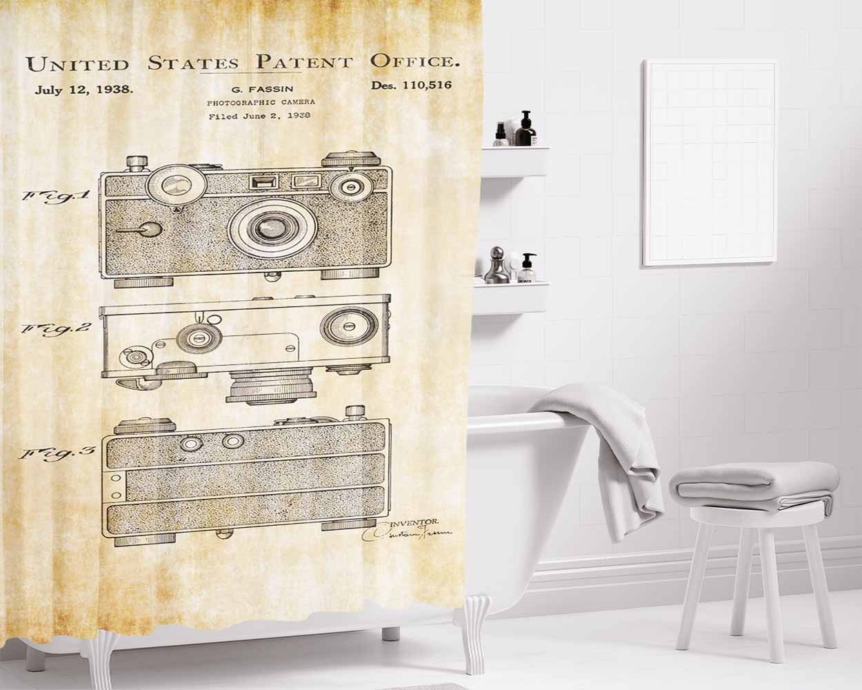 Camera Vintage Concept Wallpaper Bathroom Shower Curtain Fabric Waterproof | 66 X 72 Inch