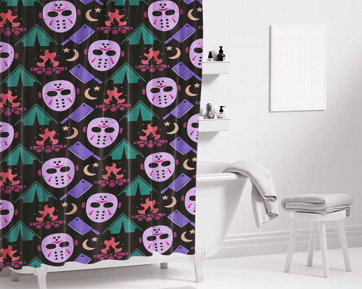 Camping With Jason Voorhees Friday The 13 Pattern Bathroom Shower Curtain Fabric Waterproof | 66 X 72 Inch