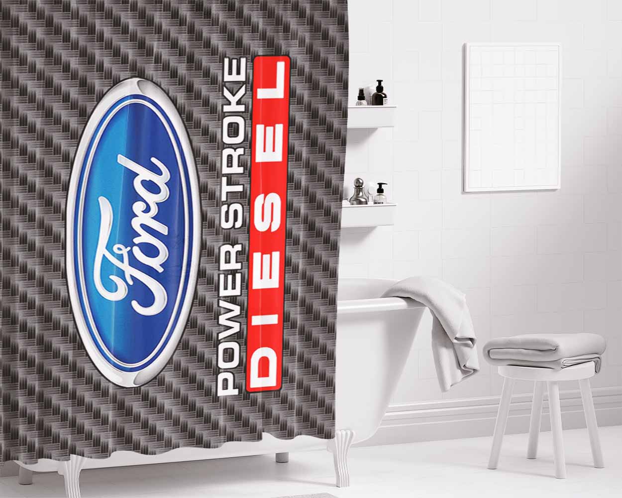 Carbon Ord Powerstroke Diesel Logo Bathroom Shower Curtain Fabric Waterproof | 66 X 72 Inch