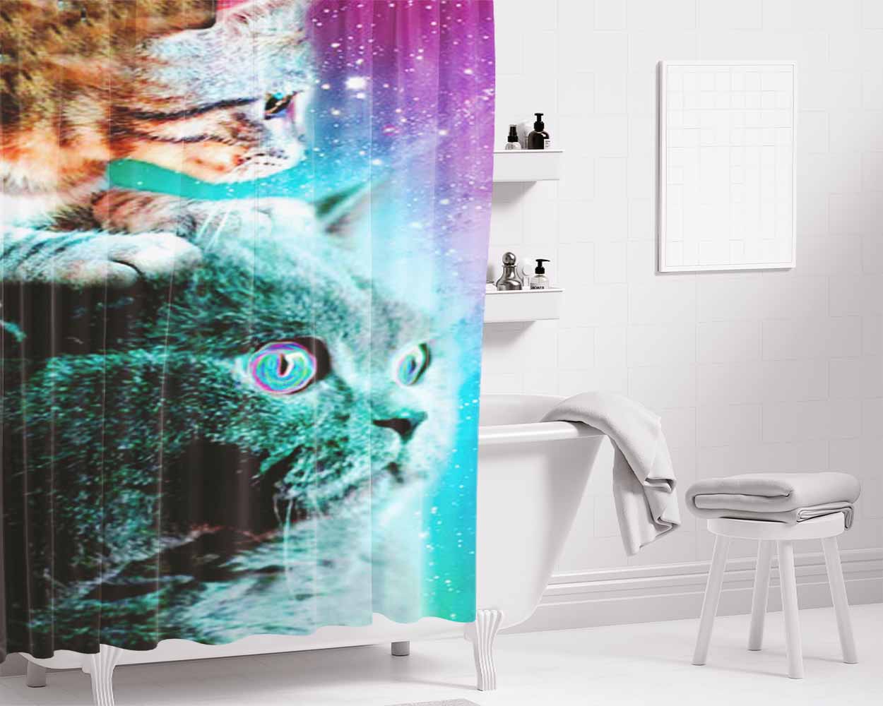 Cat & Kitten Stellar Nebula Bathroom Shower Curtain Fabric Waterproof | 66 X 72 Inch
