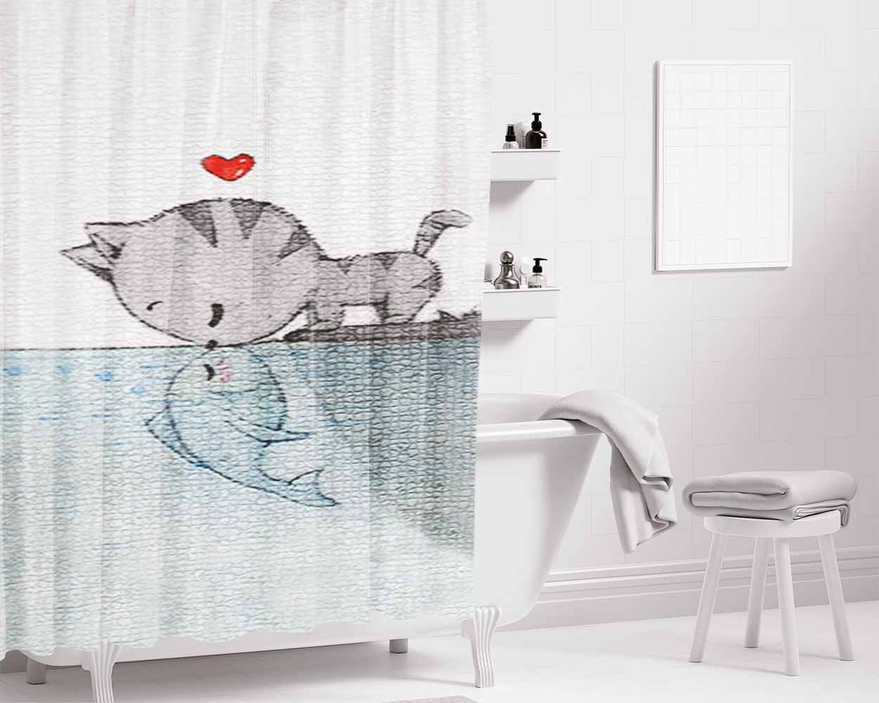 Cat Fish Bathroom Shower Curtain Fabric Waterproof | 66 X 72 Inch