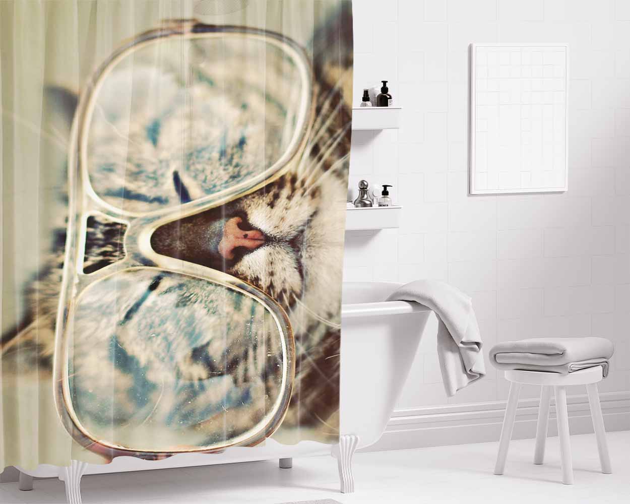 Cat Glasses 2 Bathroom Shower Curtain Fabric Waterproof | 66 X 72 Inch