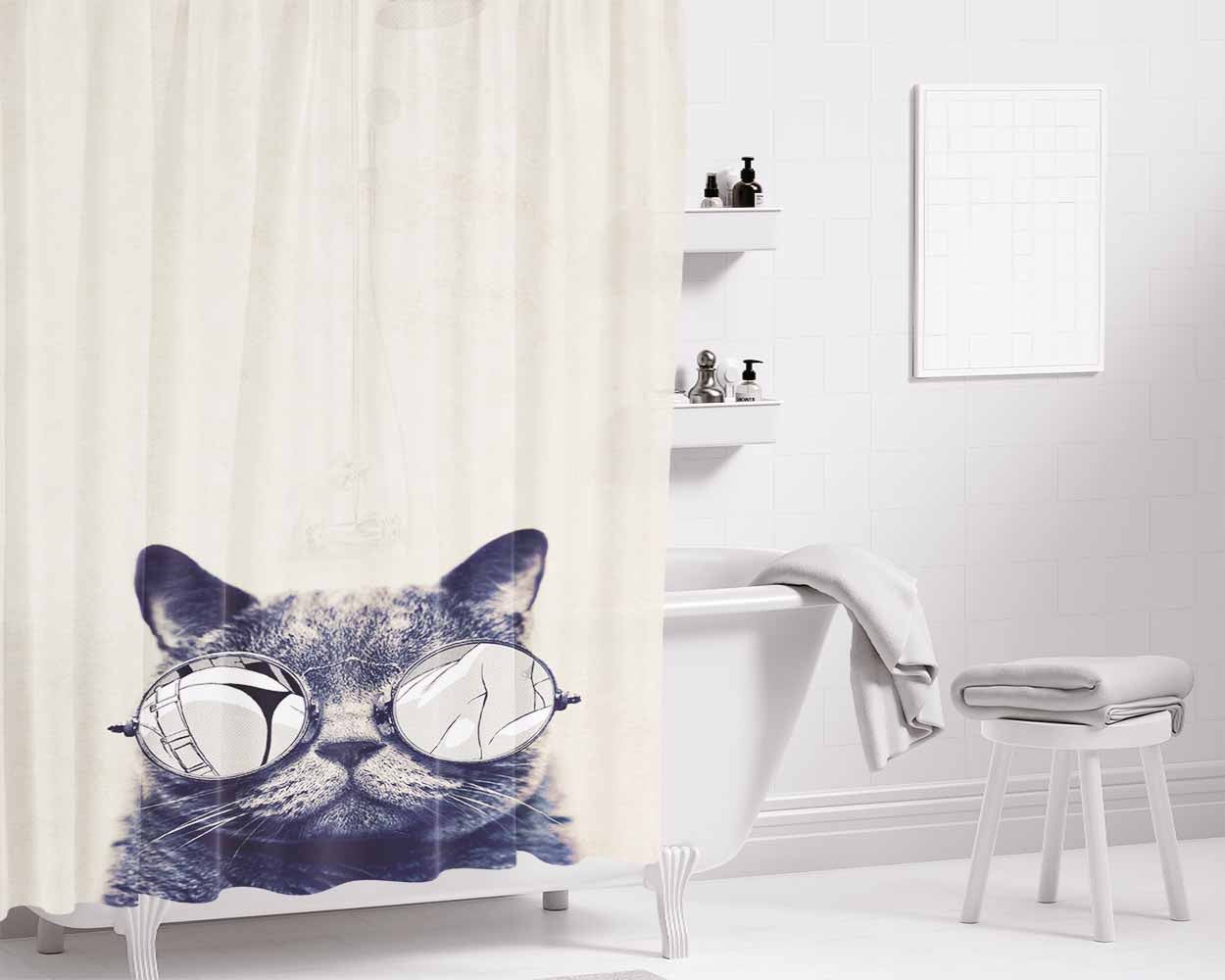 Cat Glasses Bathroom Shower Curtain Fabric Waterproof | 66 X 72 Inch