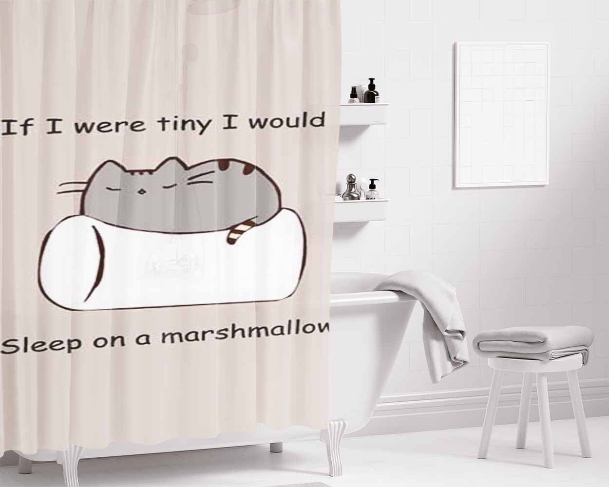Cat Marshmallow Bathroom Shower Curtain Fabric Waterproof | 66 X 72 Inch