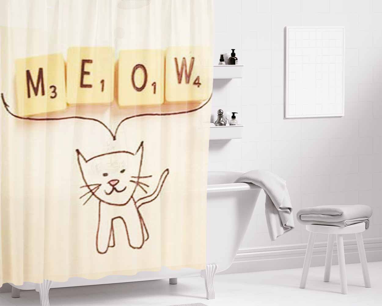 Cat Meow Scrabble Bathroom Shower Curtain Fabric Waterproof | 66 X 72 Inch