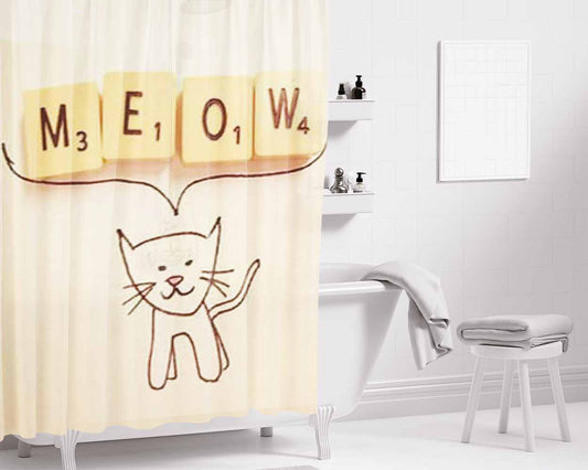 Cat Meow Scrabble Bathroom Shower Curtain Fabric Waterproof | 66 X 72 Inch