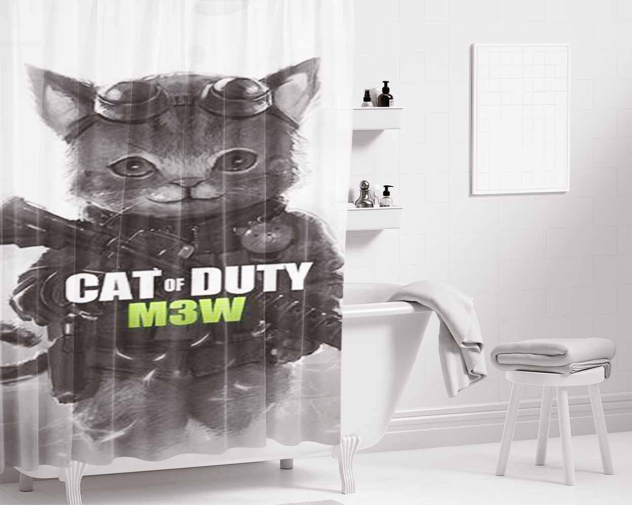 Cat Of Duty M3W Bathroom Shower Curtain Fabric Waterproof | 66 X 72 Inch