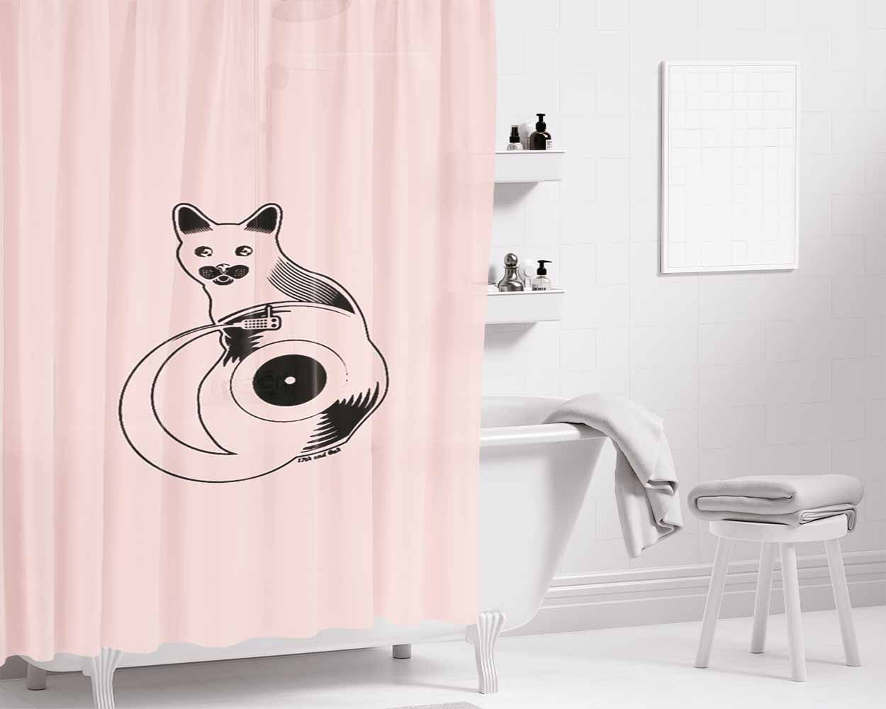Cat Record The Cat Sat On The Slipmat Vinyl Inspired Bathroom Shower Curtain Fabric Waterproof | 66 X 72 Inch
