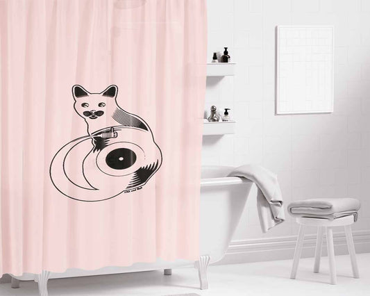 Cat Record The Cat Sat On The Slipmat Vinyl Inspired Bathroom Shower Curtain Fabric Waterproof | 66 X 72 Inch
