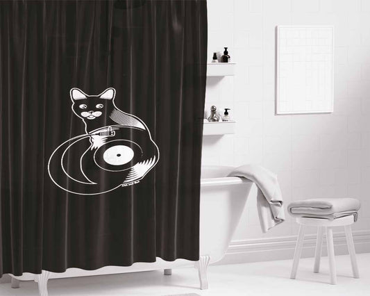 Cat Record The Cat Sat On The Slipmat Vinyl Bathroom Shower Curtain Fabric Waterproof | 66 X 72 Inch