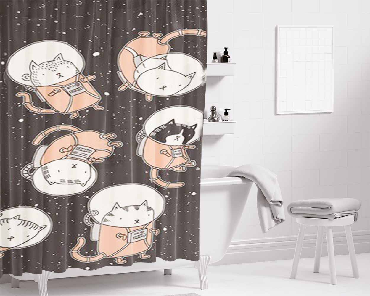 Cat Stronauts Prints Bathroom Shower Curtain Fabric Waterproof | 66 X 72 Inch