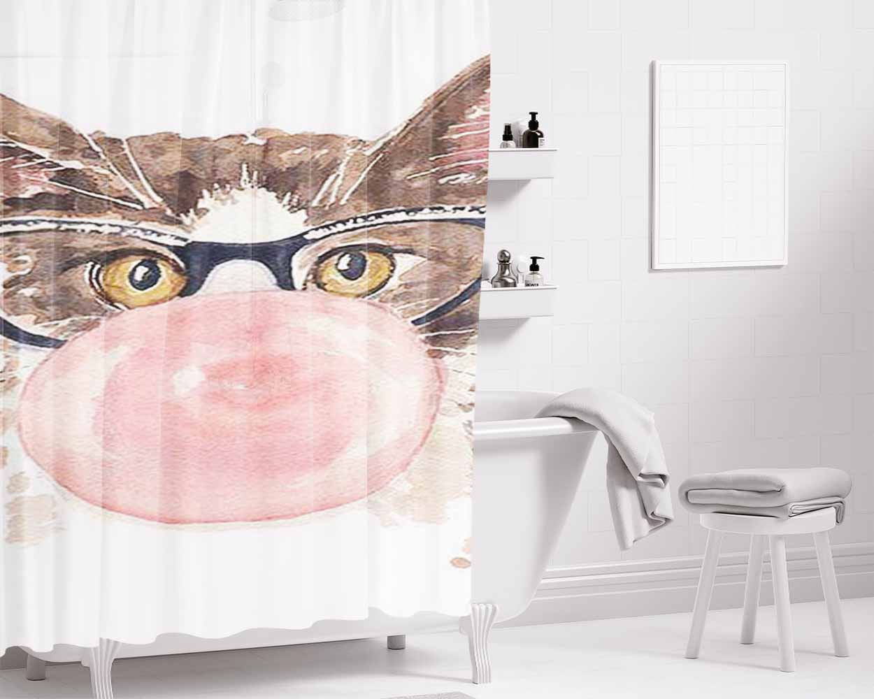Cat With Gum Bathroom Shower Curtain Fabric Waterproof | 66 X 72 Inch