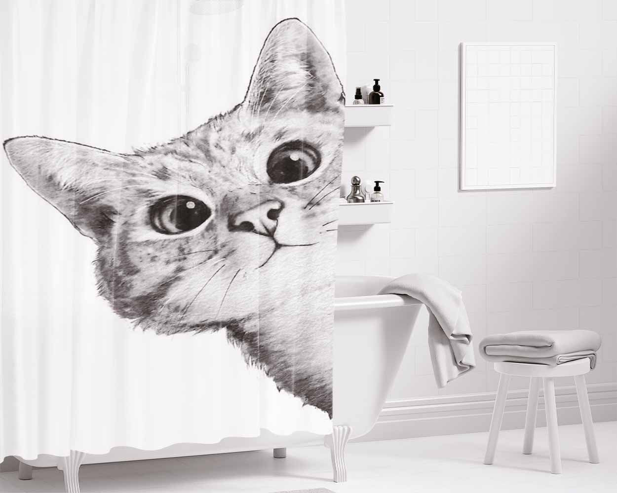 Cats Eye White Bathroom Shower Curtain Fabric Waterproof | 66 X 72 Inch