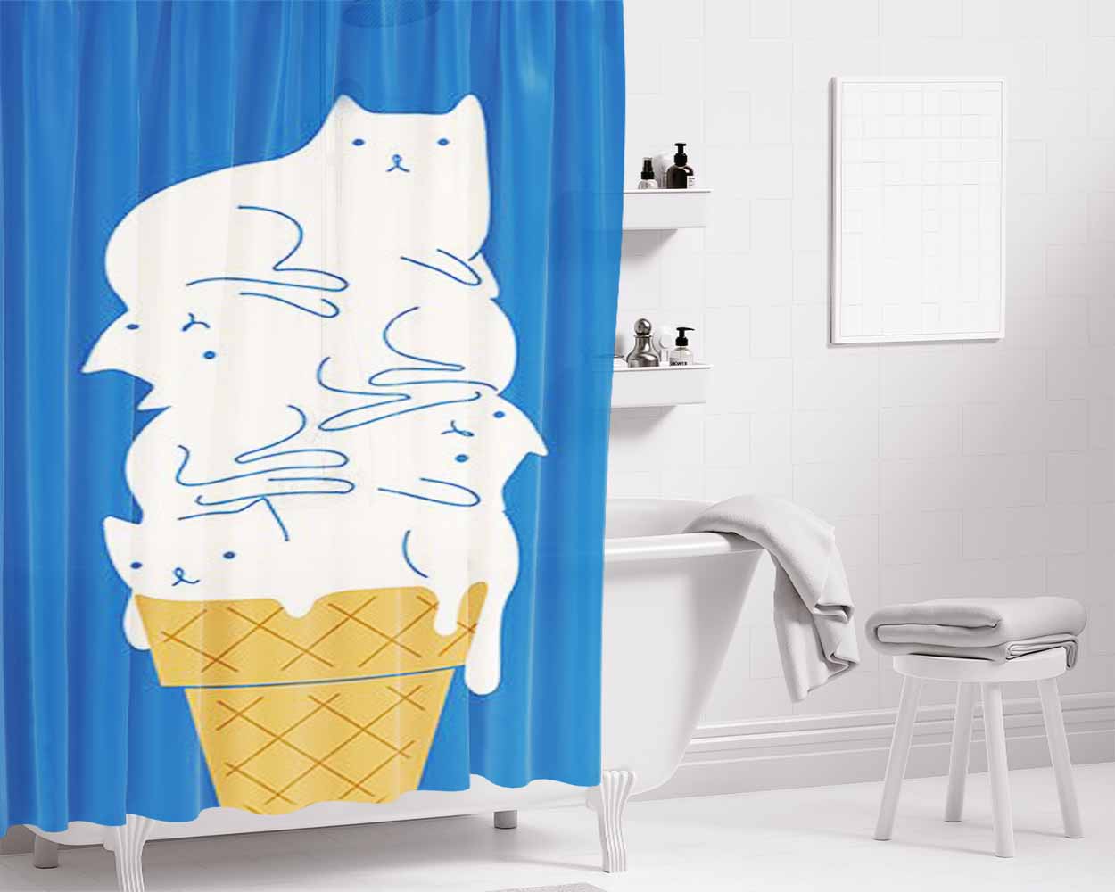 Cats Ice Cream Bathroom Shower Curtain Fabric Waterproof | 66 X 72 Inch