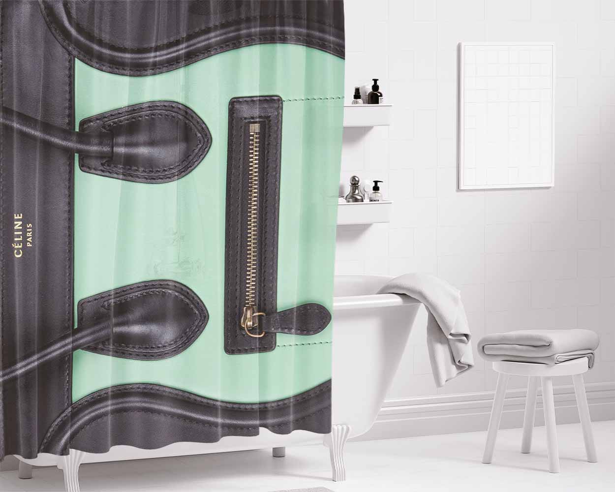 Celine Paris Black Cream Luggage Handbag Bathroom Shower Curtain Fabric Waterproof | 66 X 72 Inch