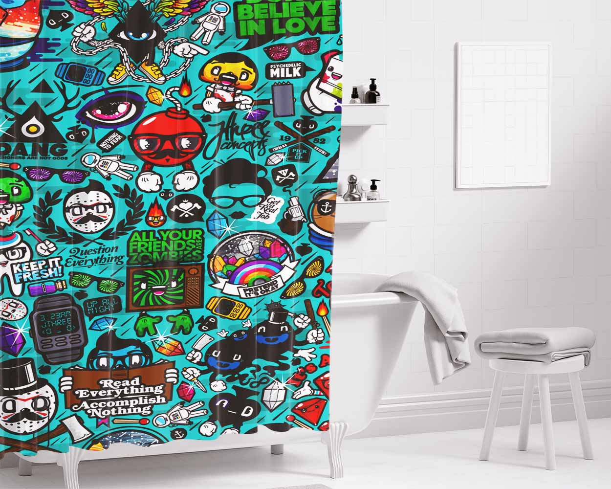 Characters Icons Collage Bathroom Shower Curtain Fabric Waterproof | 66 X 72 Inch