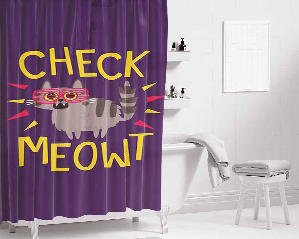 Check Meowt Bathroom Shower Curtain Fabric Waterproof | 66 X 72 Inch