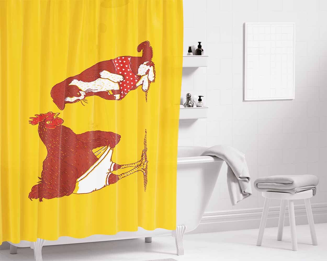 Chicken And Cat Bathroom Shower Curtain Fabric Waterproof | 66 X 72 Inch