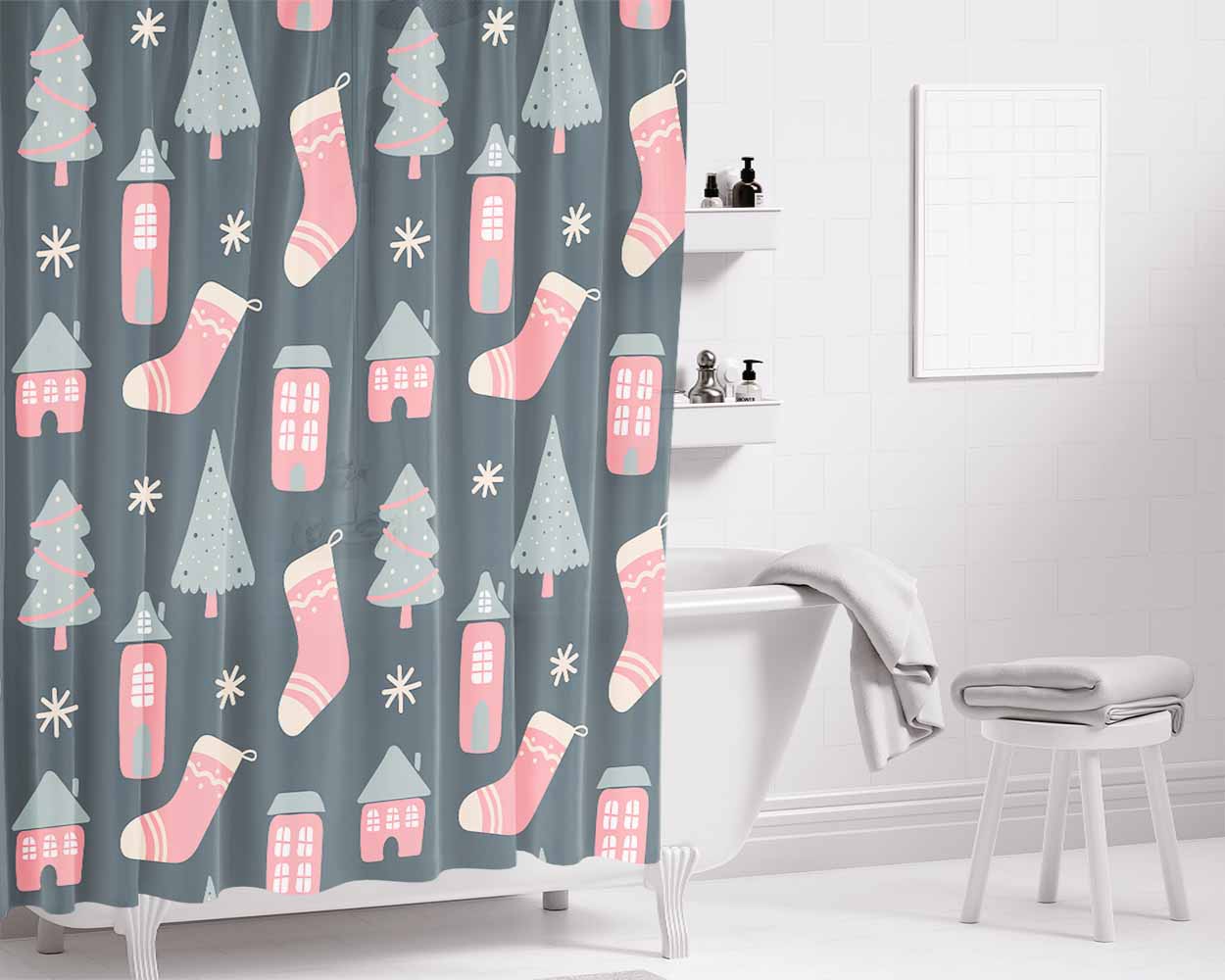Christmas Patterns Set 07 Bathroom Shower Curtain Fabric Waterproof | 66 X 72 Inch