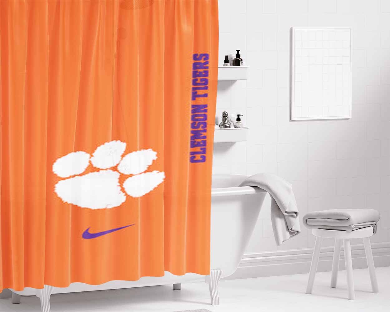 Clemson Tigers Football Bathroom Shower Curtain Fabric Waterproof | 66 X 72 Inch