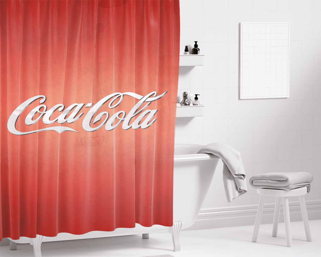 Coca Cola Allover Cotton Bathroom Shower Curtain Fabric Waterproof | 66 X 72 Inch