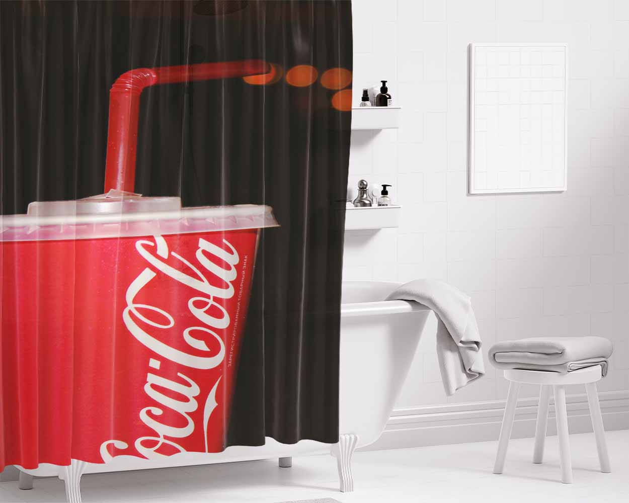 Coca Cola Bottle Can Allover Bathroom Shower Curtain Fabric Waterproof | 66 X 72 Inch