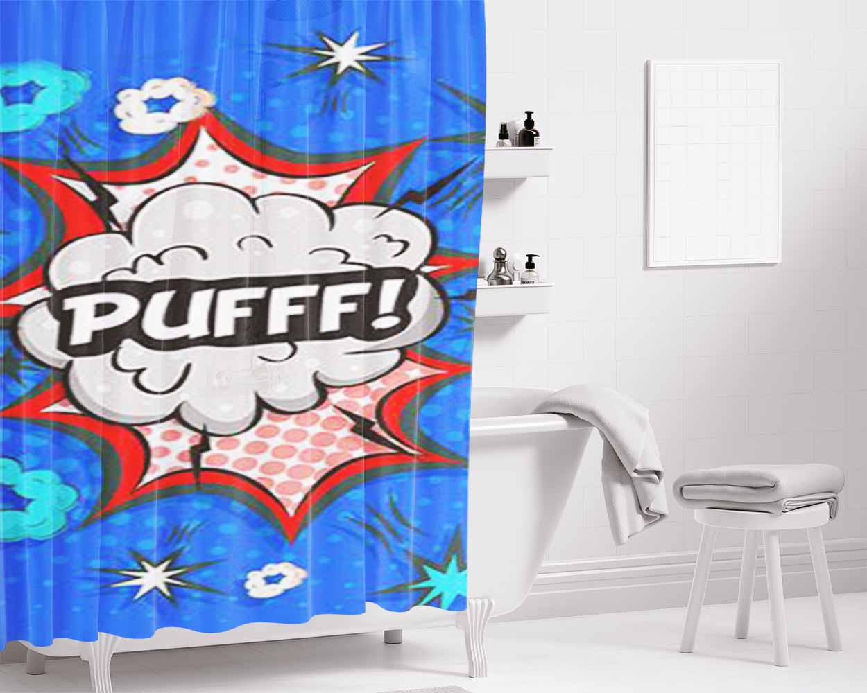 Comic Puff Bathroom Shower Curtain Fabric Waterproof | 66 X 72 Inch