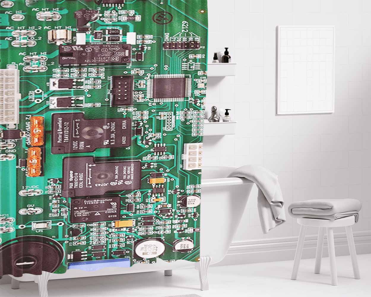 Computer Motherboard Circuit Board Bathroom Shower Curtain Fabric Waterproof | 66 X 72 Inch