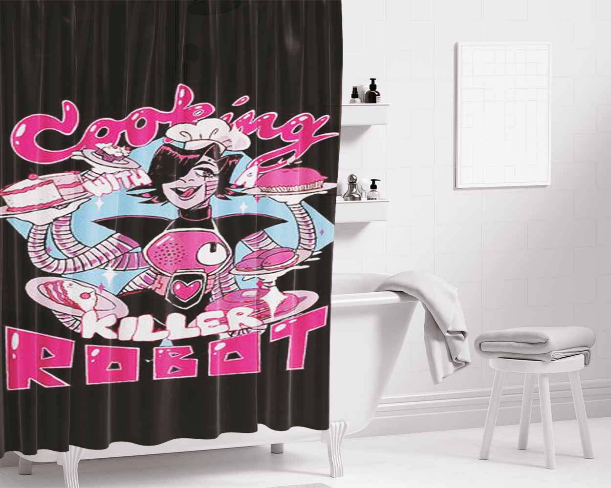 Cooking With A Killer Robot Bathroom Shower Curtain Fabric Waterproof | 66 X 72 Inch