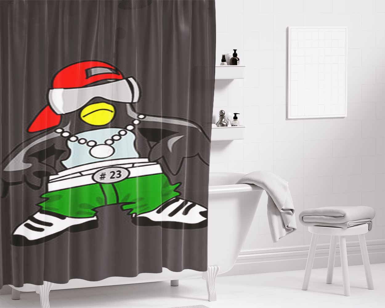 Cool Penguin Clip Art Grey Bathroom Shower Curtain Fabric Waterproof | 66 X 72 Inch
