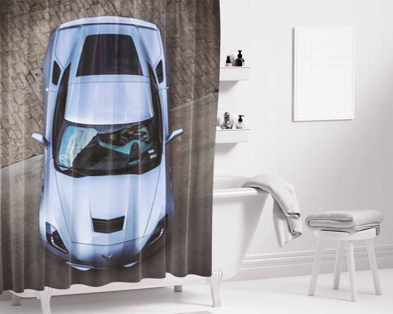 Corvette Car Logo Bathroom Shower Curtain Fabric Waterproof | 66 X 72 Inch