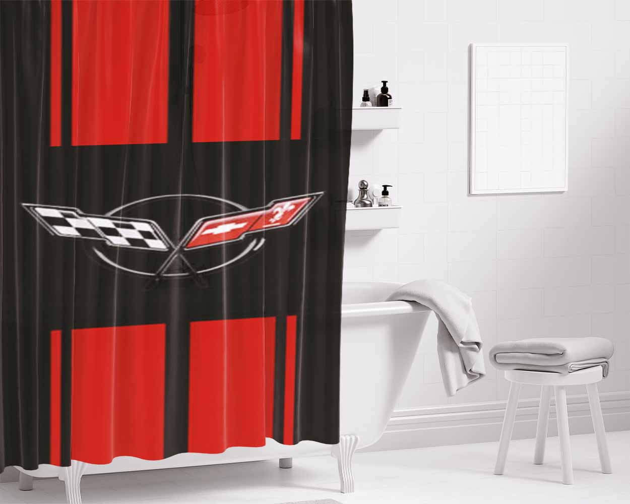 Corvette Stripe Bathroom Shower Curtain Fabric Waterproof | 66 X 72 Inch