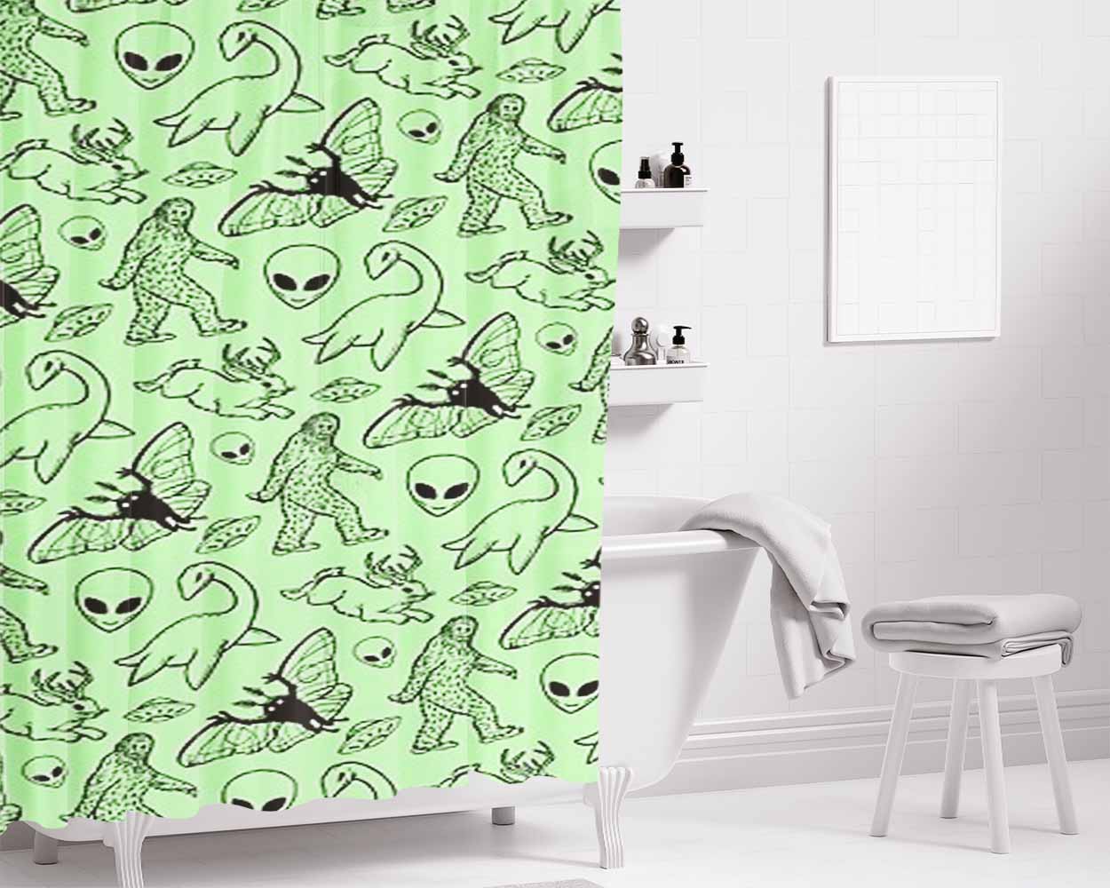 Cryptid Pattern Green Lines Bathroom Shower Curtain Fabric Waterproof | 66 X 72 Inch