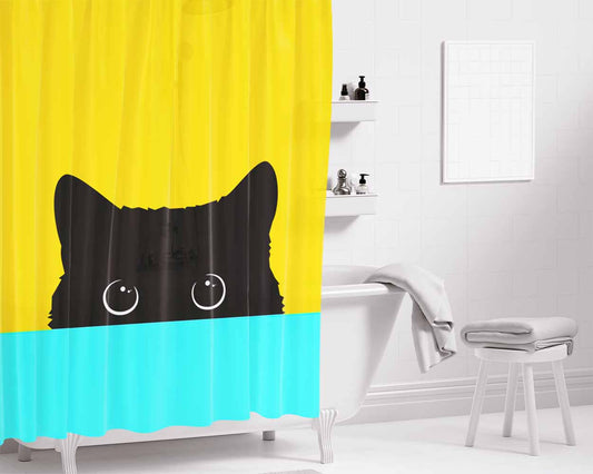 Cute Black Kitty Bathroom Shower Curtain Fabric Waterproof | 66 X 72 Inch