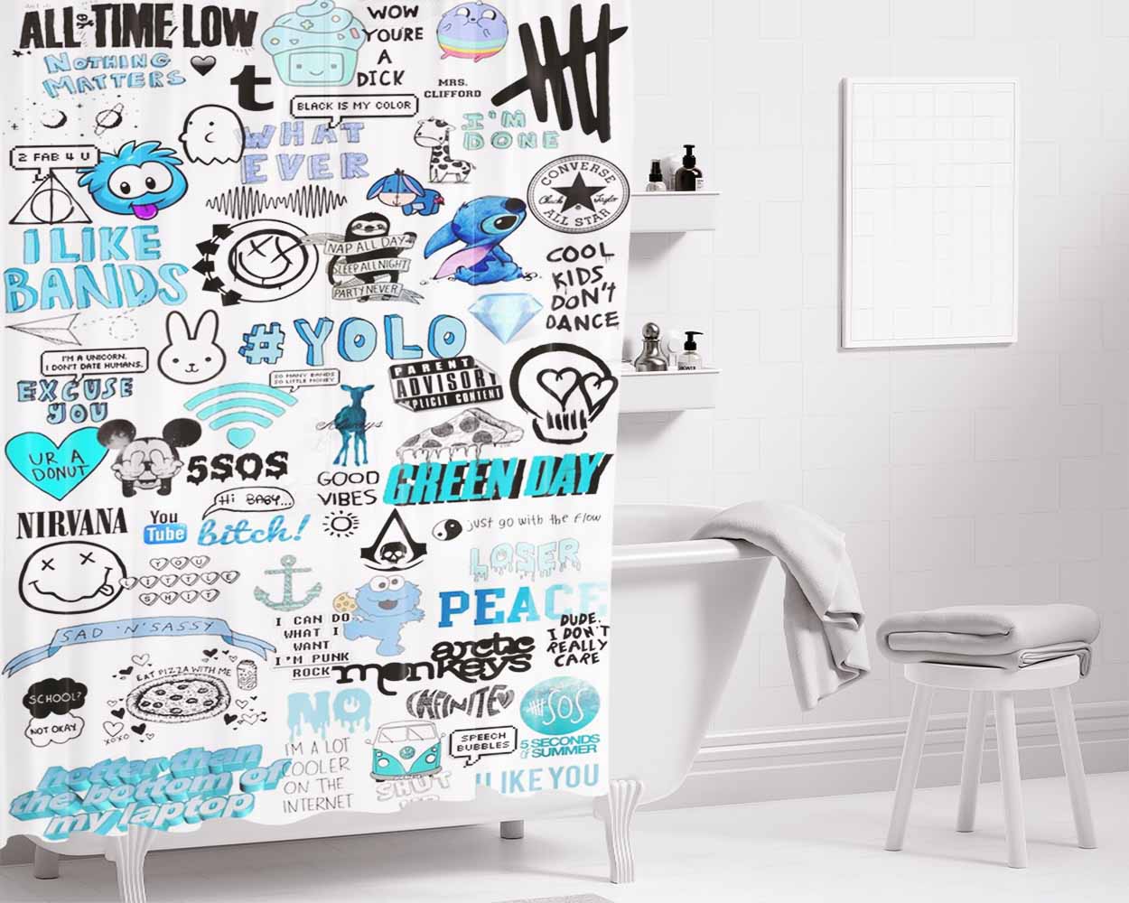 Cute Blue And Black.Jpeg Bathroom Shower Curtain Fabric Waterproof | 66 X 72 Inch
