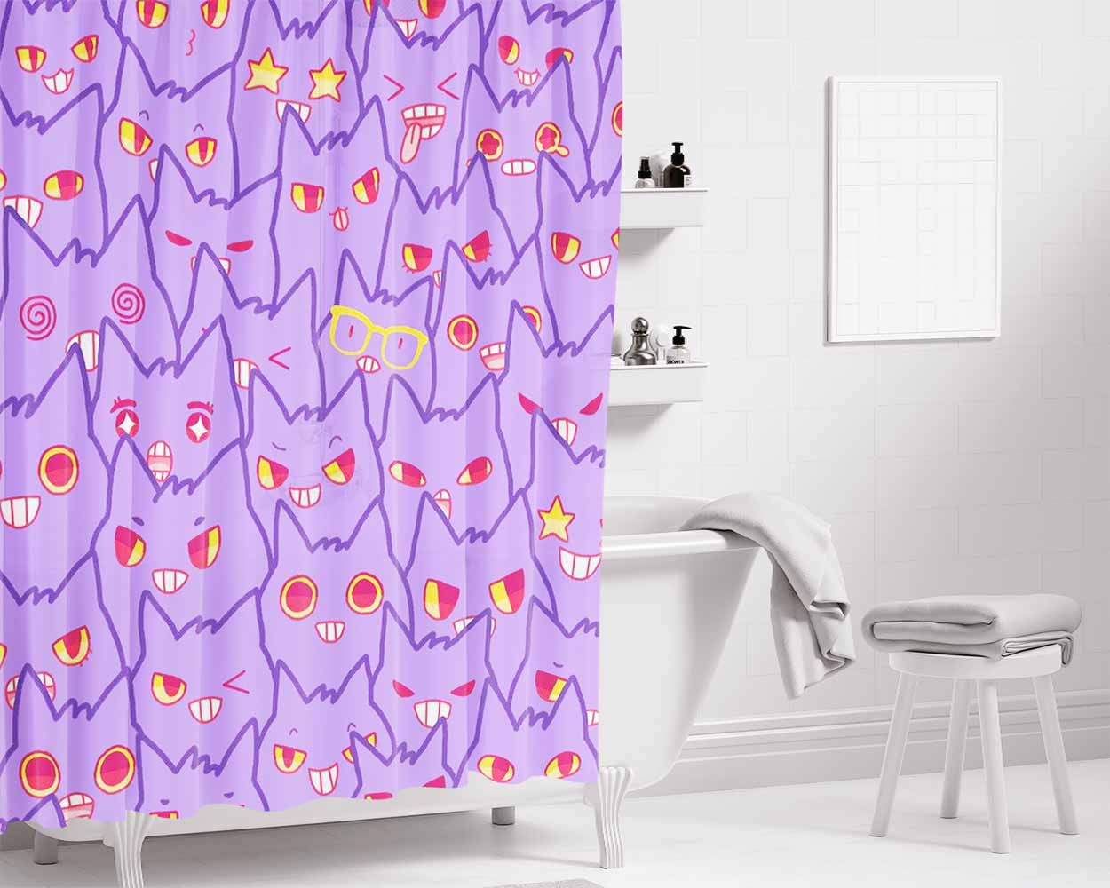 Cute Gengar Pattern Bathroom Shower Curtain Fabric Waterproof | 66 X 72 Inch