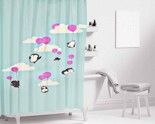 Cute Penguines And Baloons Bathroom Shower Curtain Fabric Waterproof | 66 X 72 Inch