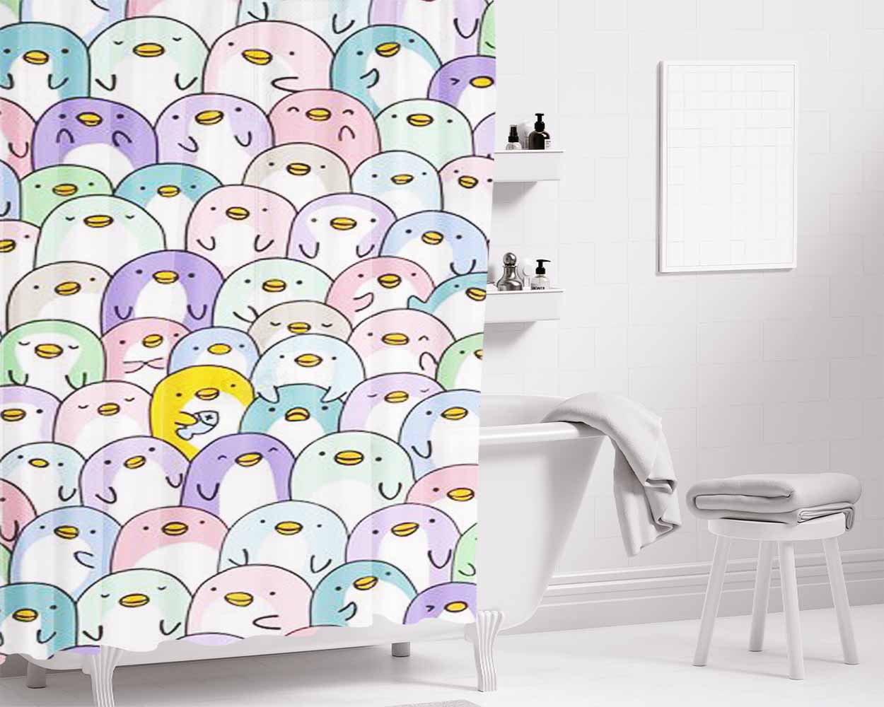 Cute Pinguin Bathroom Shower Curtain Fabric Waterproof | 66 X 72 Inch