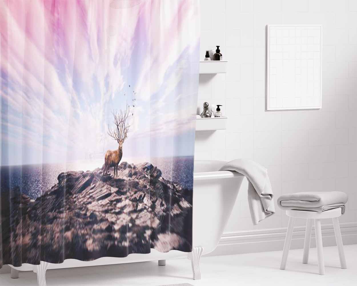 Deer Camo With Love Flag Bathroom Shower Curtain Fabric Waterproof | 66 X 72 Inch