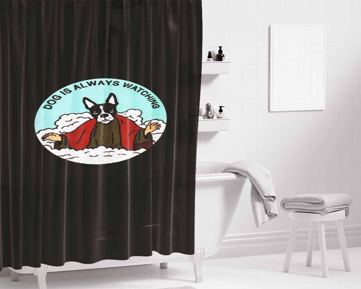 Dog Clip Art With Bone Bathroom Shower Curtain Fabric Waterproof | 66 X 72 Inch