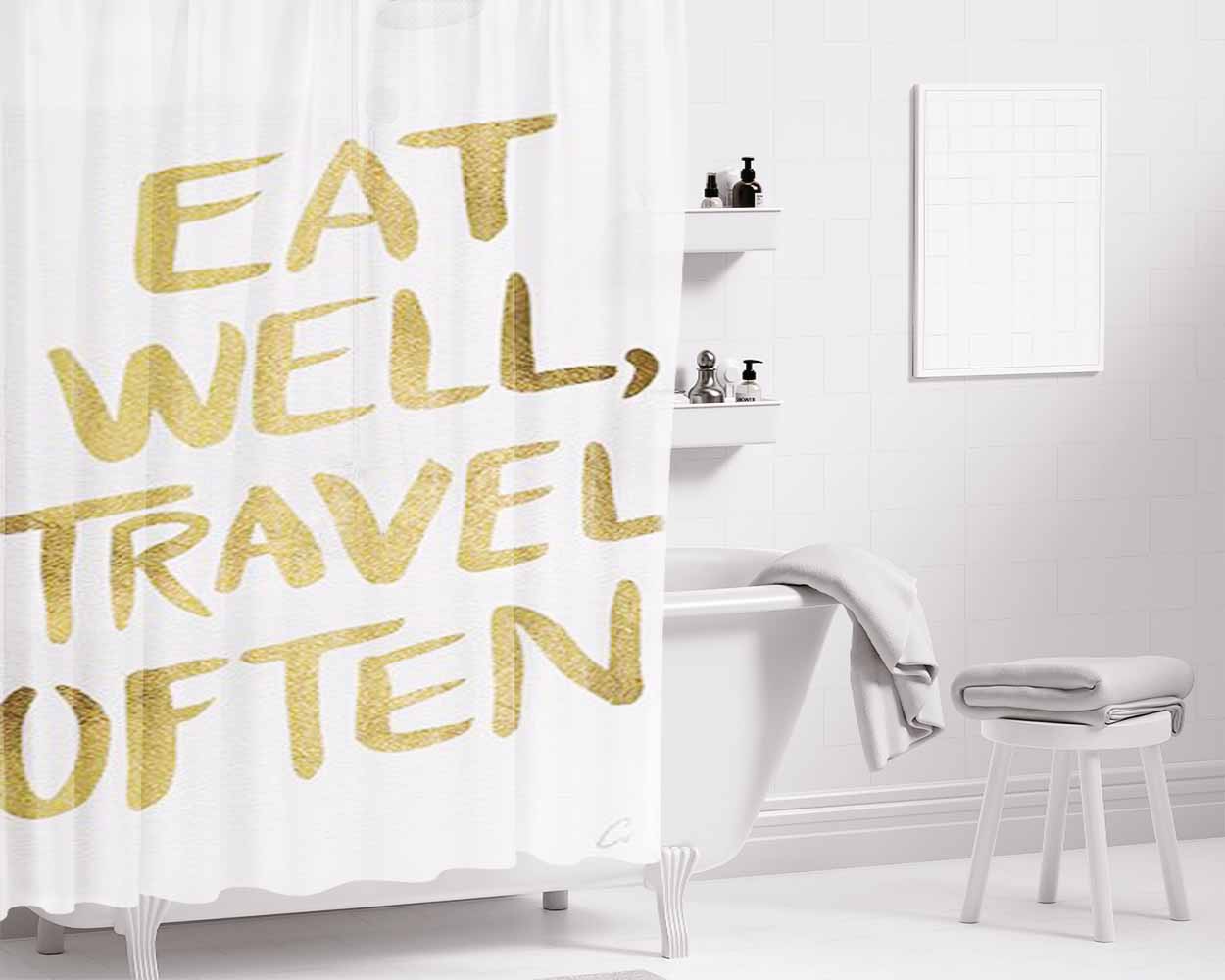 Eat Well Travel Often On Gold Bathroom Shower Curtain Fabric Waterproof | 66 X 72 Inch