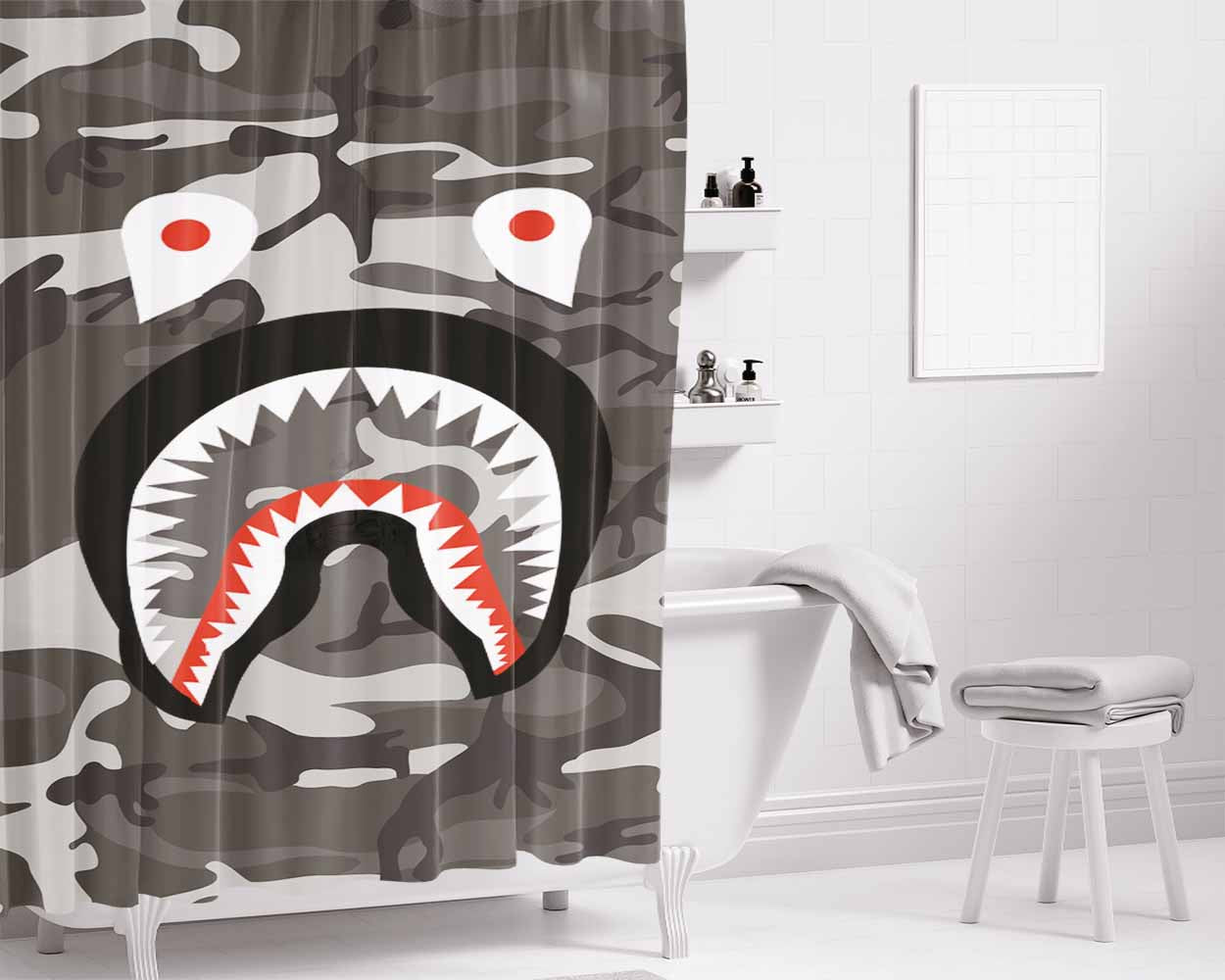 Face Shark Camouflage Bathroom Shower Curtain Fabric Waterproof | 66 X 72 Inch