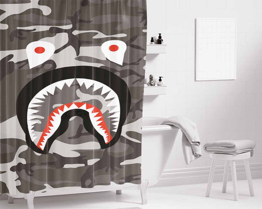 Face Shark Camouflage Bathroom Shower Curtain Fabric Waterproof | 66 X 72 Inch