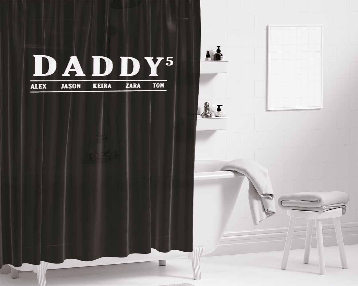 Fathers Day Gift Daddy With Kids Names Birthday Husband Bathroom Shower Curtain Fabric Waterproof | 66 X 72 Inch